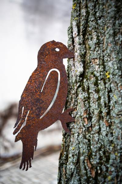 The scrap metal bird hanging on a tree seen here is just another use for scrap metal